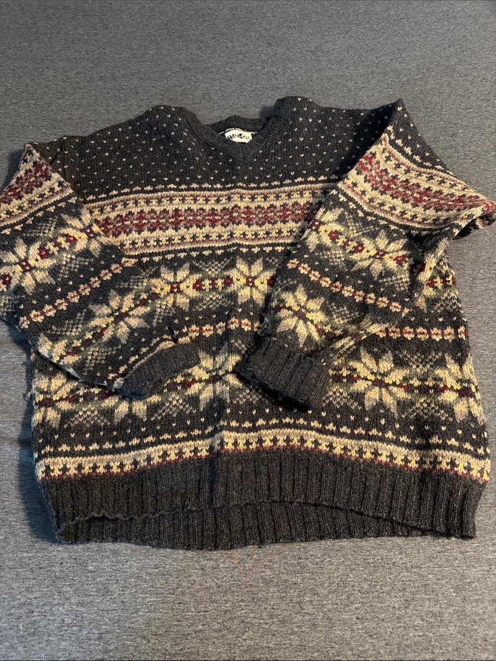 Womens Fair Isle Crewneck Sweater - Black with Cream & Burgundy Pattern